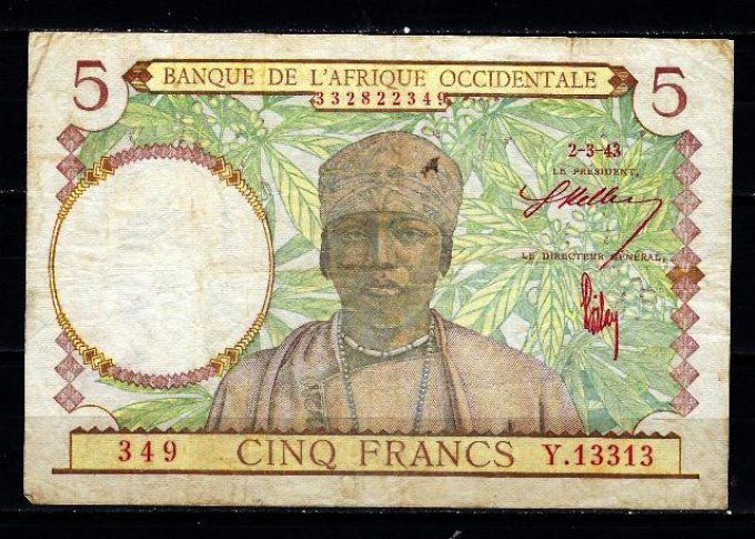 Billet d' Afrique Occidentale 5 francs 2-3-43 (1) pick 26 occasion F/VF