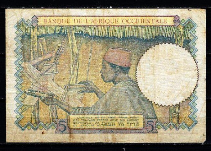 Billet d' Afrique Occidentale 5 francs 2-3-43 (1) pick 26 occasion F/VF