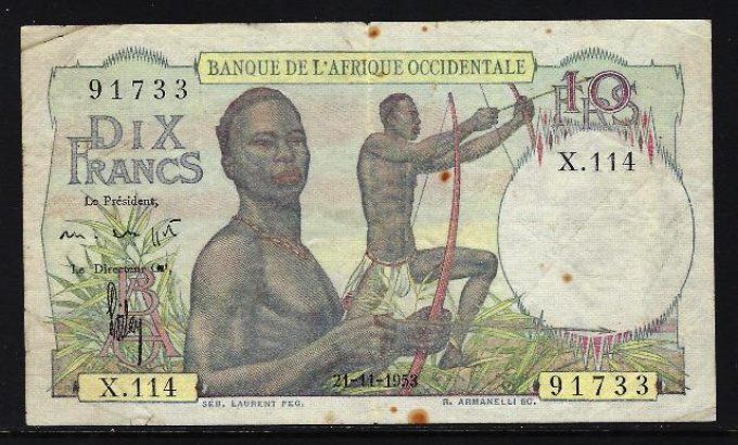 Billet d' Afrique Occidentale 10 francs 21-11-53 (2) pick 37 occasion F/VF