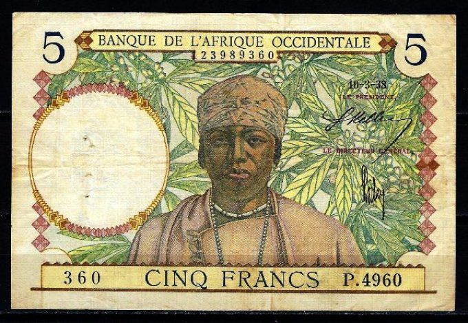Billet d' Afrique Occidentale 5 francs 10-3-38 (1) pick 21 occasion F/VF