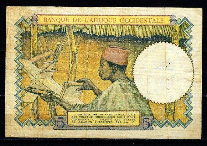 Billet d' Afrique Occidentale 5 francs 10-3-38 (1) pick 21 occasion F/VF