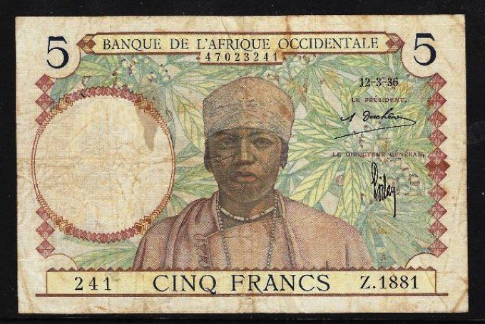 Billet d' Afrique Occidentale 5 francs 12-3-36 (2) pick 21 occasion F/VF