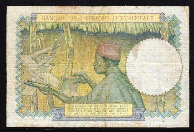 Billet d' Afrique Occidentale 5 francs 12-3-36 (2) pick 21 occasion F/VF