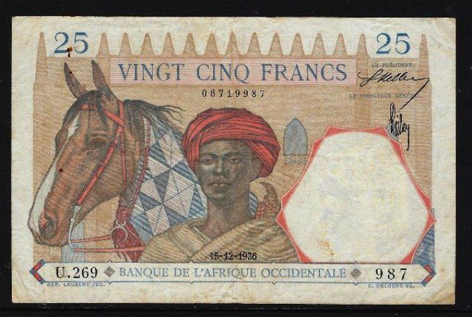 Billet d' Afrique Occidentale 25 francs 15-12-36 (1) pick 22 occasion F/VF