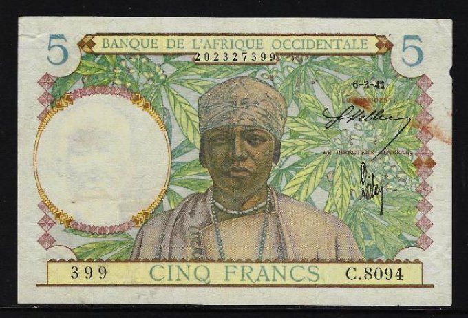 Billet d' Afrique Occidentale 5 francs 6-3-41 (1) pick 25 occasion F/VF