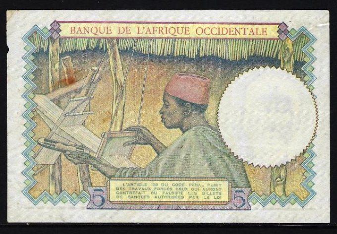 Billet d' Afrique Occidentale 5 francs 6-3-41 (1) pick 25 occasion F/VF
