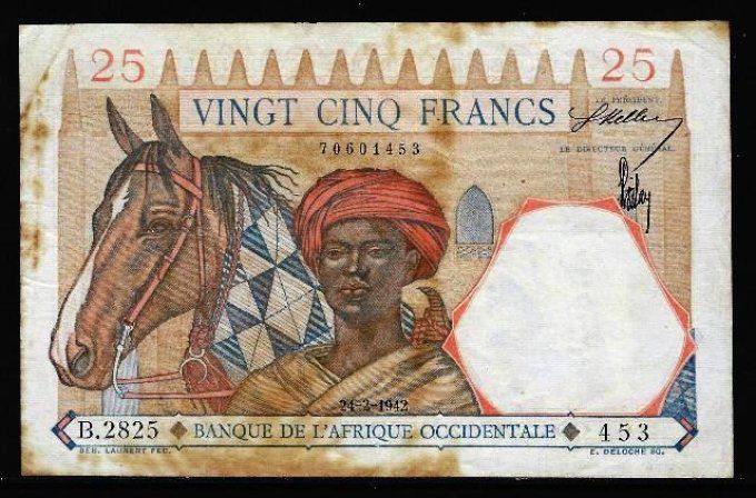 Billet d' Afrique Occidentale 25 francs 24-2-42 (1) pick 27 occasion F/VF
