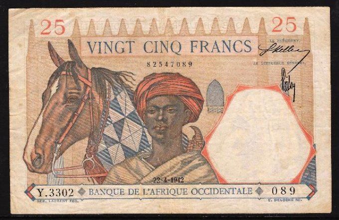 Billet d' Afrique Occidentale 25 francs 22-4-42 (2) pick 27 occasion F/VF