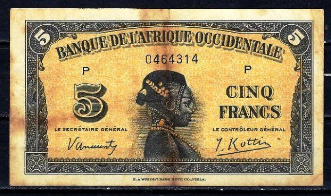 Billet d' Afrique Occidentale 5 francs 14-12-42 (1) pick 28a occasion F/VF