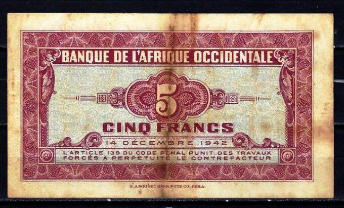 Billet d' Afrique Occidentale 5 francs 14-12-42 (1) pick 28a occasion F/VF