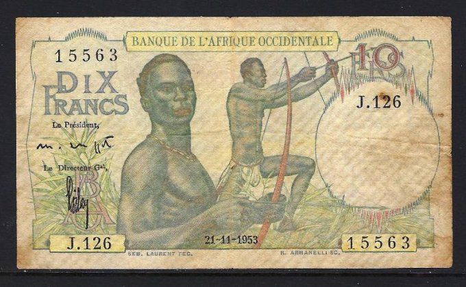 Billet d' Afrique Occidentale 10 francs 21-11-53 (3) pick 37 occasion F/VF