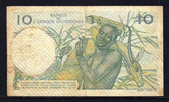 Billet d' Afrique Occidentale 10 francs 21-11-53 (3) pick 37 occasion F/VF