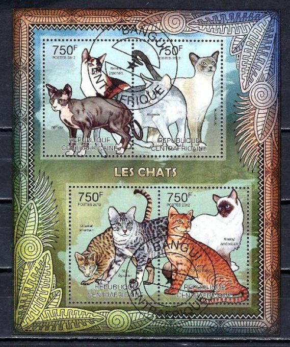 Centrafrique 2012 (chat42) série complète de 4 timbres oblitérés en feuillet