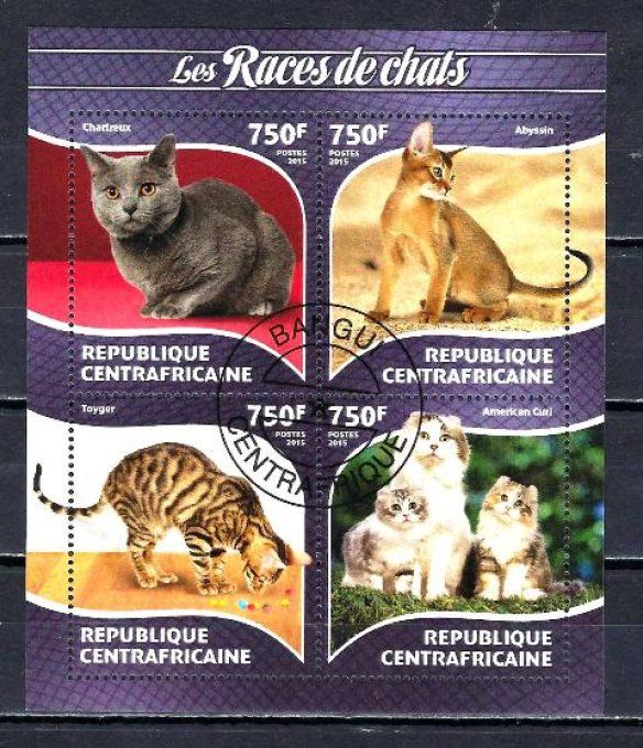 Centrafrique 2015 (chat44) série complète de 4 timbres oblitérés en feuillet