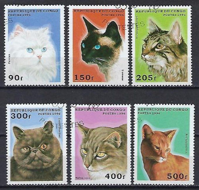 Congo 1996 (chat67) série complète de 6 timbres oblitérés