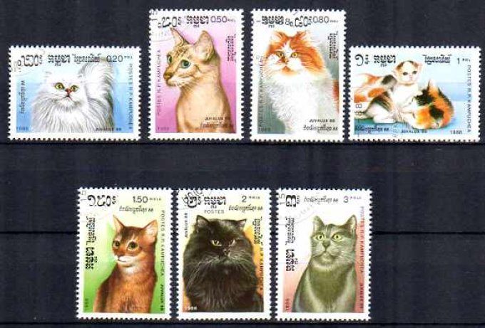 Kampuchea 1988 (chat7) série complète de 7 timbres oblitérés